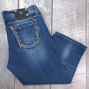 Miss Me Easy Crop Jeans Womens 30 Blue Embellished Rhinestone Distressed Capri